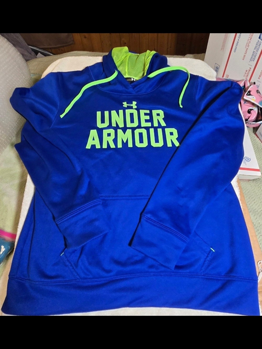 Under Armour Boys Youth Medium Armour Fleece Hoodie Blue Neon Green